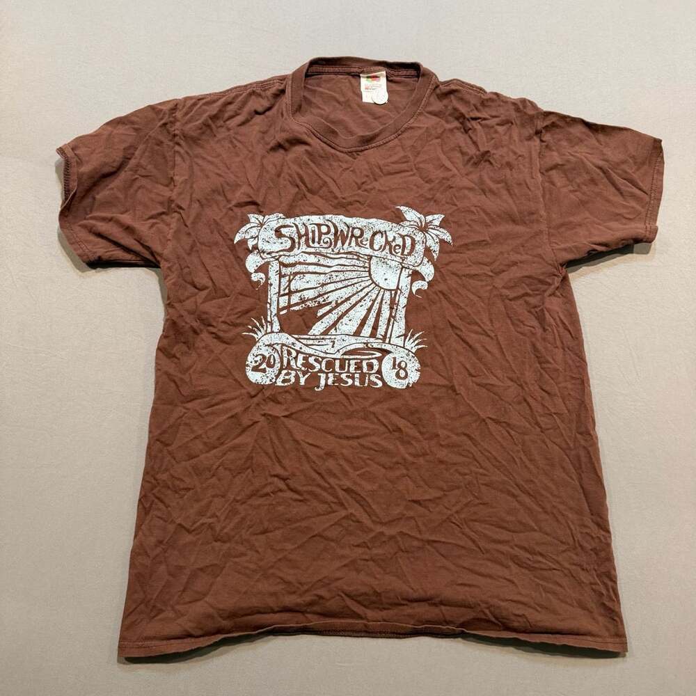Fruit of the Loom Shipwrecked Rescued by Jesus T-Shirt Size L Brown